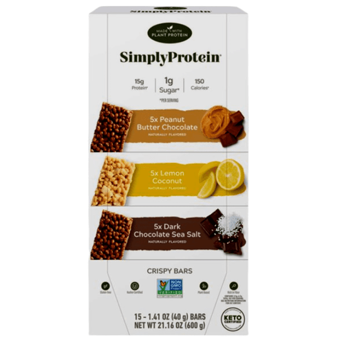 Simply Protein Crispy Bars Variety Pack Peanut Butter Dark Chocolate Lemon Coconut Sea Salt Flavor Rich Fiber Gluten Free Snack Bar, 21.16 Oz - 1 Box