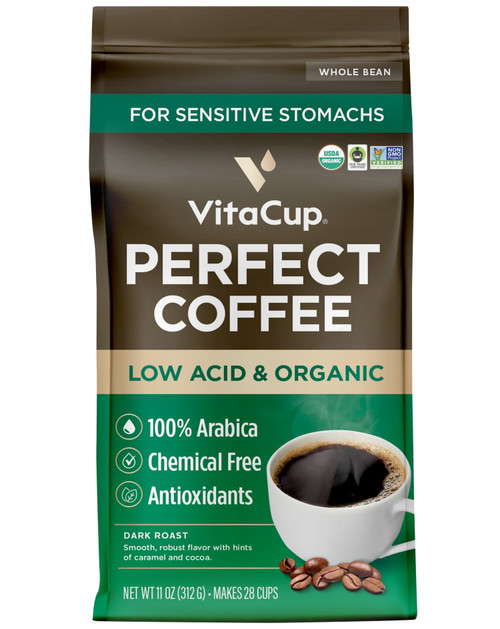 Vitacup Perfect Low Acid Coffee Beans, Usda Organic & Fair Trade, Mycotoxin Free, Dark Roast Guatemala Single Origin, Clean & Pure, Low Acidity, Whole Bean Coffee, 11 Ounces