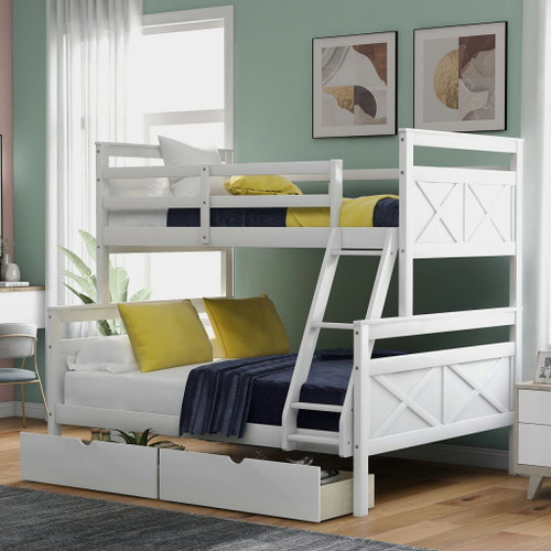 Twin Over Full Bunk Bed With Ladder, Two Storage Drawers, Safety Guardrail, For Bedroom, Dorm, For Kids, Adults, White (new)
