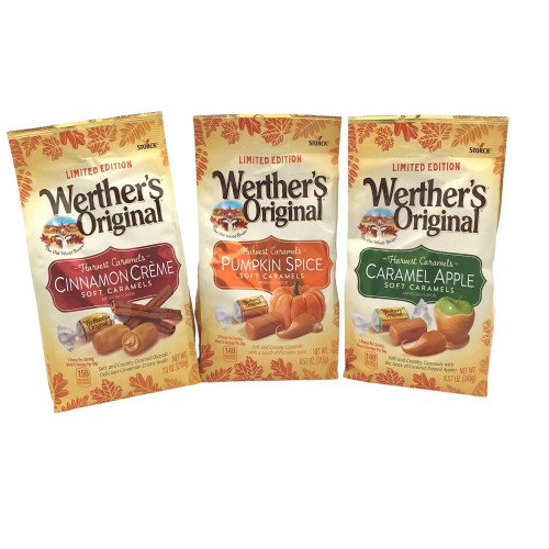 Werther's Soft Caramels Fall Flavored Bundle, Pumpkin Spice, Caramel Apple, And Cinnamon Creme For Halloween And Holiday Season, Pack Of 3