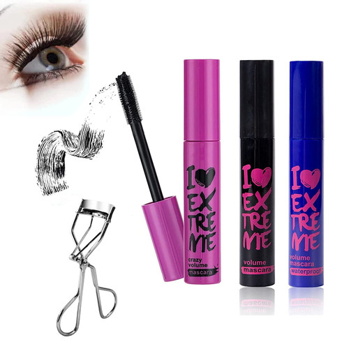 3pcs I Love Extreme Crazy Volume Mascara,black,false Lash Waterproof Mascara, Essence,3 Colors,come With Eyelash Curler,i Love Extreme Volume Mascara Crazy Volume