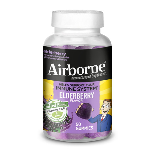 Airborne Elderberry + Zinc & Vitamin C Gummies For Adults, Immune Support Vitamin D & Zinc Gummies With Powerful Antioxidant Vitamins C D & E - 50 Gummies, Elderberry Flavor