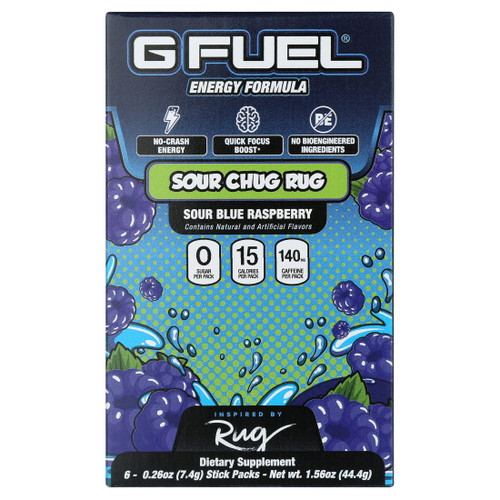 Gfuel  Sour Blue Chug Rug Energy Powder Sticks, 6 Pack