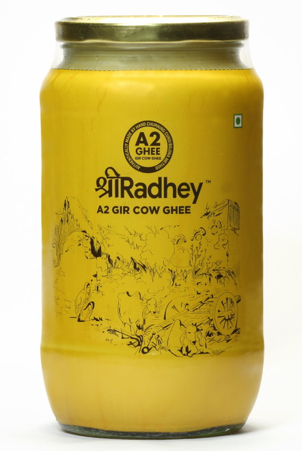 Shree Radhey A2 Bilona Gir Cow Ghee | 1000 Ml | 33.8 Oz | 910 Gm | Glass Bottle | Traditional Bilona Method | Cultured | Pure | Natural | Gluten Free | Keto Friendly