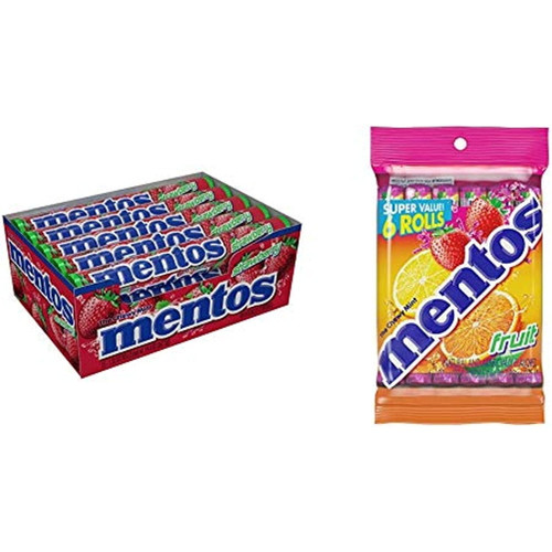 Mentos Chewy Mint Candy Roll, Strawberry, Non Melting, Party, 14 Pieces (bulk Pack Of 15) & Chewy Mint Candy Roll, Fruit, Non Melting (pack Of 6)
