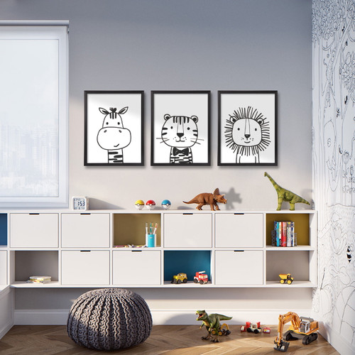 Artbyhannah 3 Pack 11x14 Inch Black Boy Nursery Framed Wall Art Decor With Baby Animals Art Prints For Kids Room Decoration