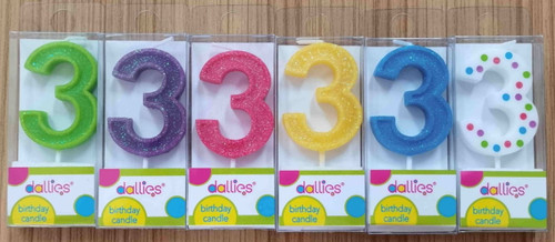 Dallies #3 Birthday Candle W/pick, Assorted Colors With Polka Dots Or Glitter, 1.8 In, 1ct