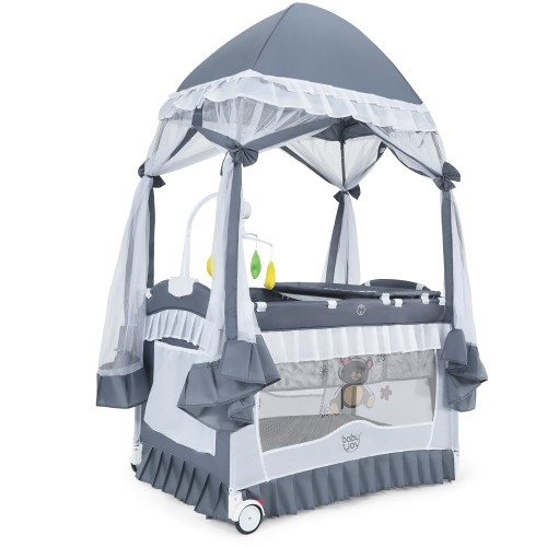 Costway 4 In 1 Portable Baby Playard Crib Bassinet Bed W/changing Table Canopy Music Box, Grey