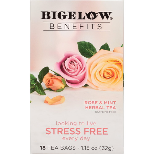 Bigelow Benefits Rose And Mint Stress Free, Caffeine-free Herbal Tea Bags, 18 Count