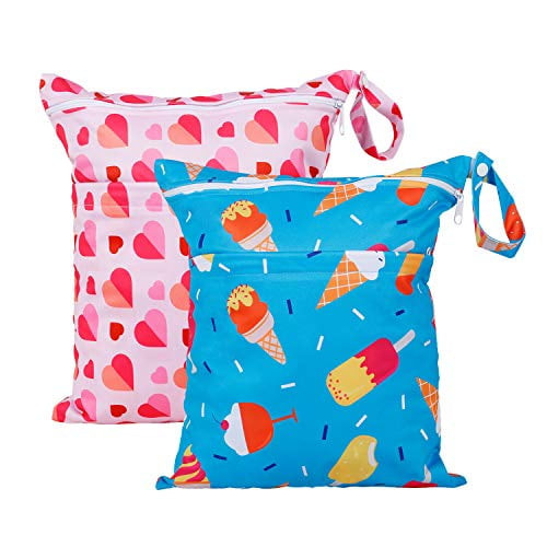 Wet Dry Bag For Breast Pump Parts Waterproof Reusable With Two Zippered Pockets Heart Ice Cream Cloth Diaper Wet Bag For Travel Beach Pool Stroller Gym Bag For Wet Clothes Swimsuits 2pcs