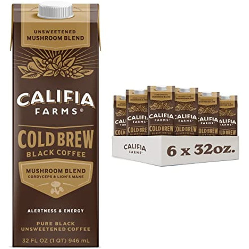 Califia Farms - Pure Black Mushroom Cold Brew Coffee, 32 Oz (pack Of 6), 100% Arabica, Mushroom Coffee, Shelf Stable, Lions Mane, Cordyceps, Plant Based, Vegan, Gluten Free, Iced Coffee