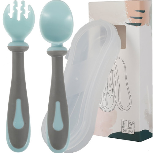 Willkey Baby Utensils Baby Spoon Fork Set With Travel Safe Case Toddler Utensils Feeding Training Spoon With Easy Grip Bendable Function Self Feeding Learning Spoon Fork