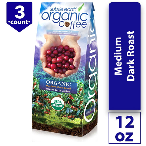 Subtle Earth Organic Whole Bean Coffee, Medium-dark Roast, 12 Oz, 3 Pack