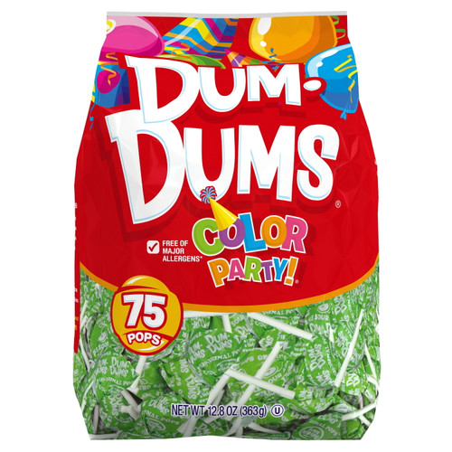 Dum Dums Color Party Lolipops, Bright Green, Sour Apple Flavor, 12.8 Oz, 75 Count Bag