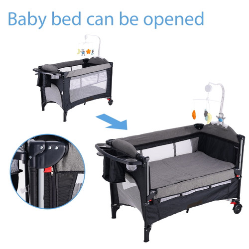 Ofey 42.9" Foldable Baby Playpen With Bassinet And Changer Gray