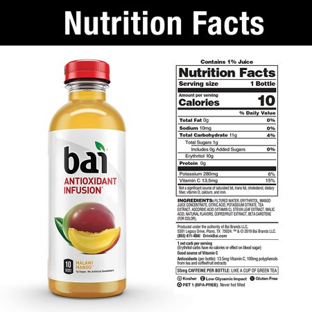 Bai Flavored Water, Malawi Mango, Antioxidant Infused Drinks, 18 Fluid Ounce Bottles, 12 Count