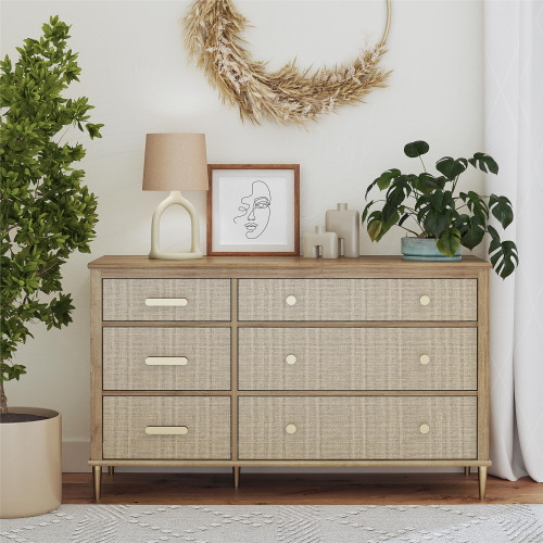Little Seeds Shiloh Wide Convertible 6 Drawer Dresser, Natural And Rattan