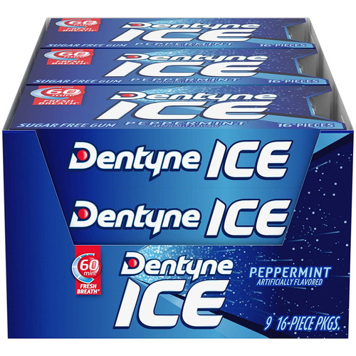 Dentyne Ice Peppermint Sugar Free Gum, 9 Packs Of 16 Pieces (144 Total Pieces)