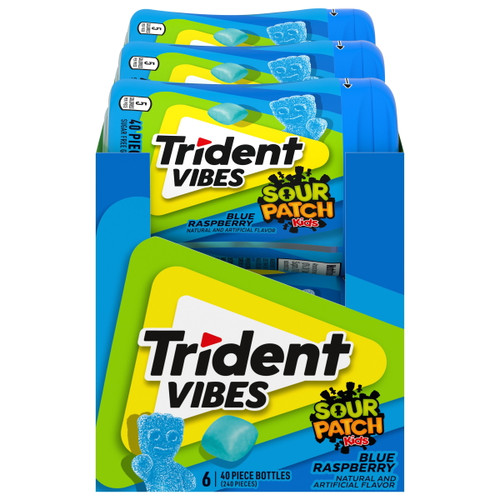 Trident Vibes Sour Patch Kids Blue Raspberry Sugar Free Gum, 6 - 40 Piece Bottles (240 Total Pieces)