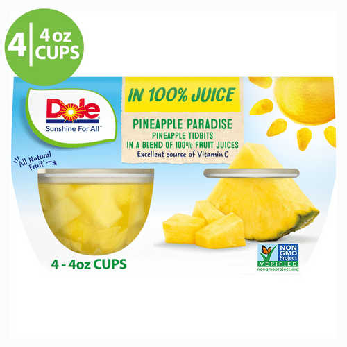 Dole Fruit Bowls Pineapple Tidbits In 100% Fruit Juice, 4 Oz, 4 Cups Of Fruit