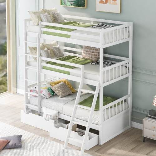 Twin Size Triple Bunk Bed With Two Drawers, Solid Wood Bunk Bed Frame With Guardrail And Inclined Ladder, Twin Platfrom Bed For Kids Teens Bedroom, Can Be Separated, No Box Spring Needed