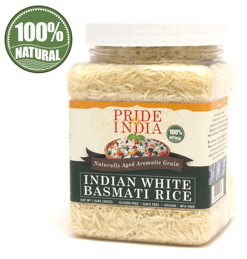 Pride Of India - Premium Indian White Basmati Rice - 1.5 Lbs (680 Gm) Jar - Unique & Nutty Flavored Extra Long, Non-sticky & Slender Grain - Used To Make Biryanis, Pilaf, Puddings Etc.,