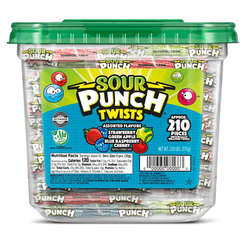 Sour Punch Twists, 3" Assorted Flavors Bulk Candy Jar, 210 Pieces