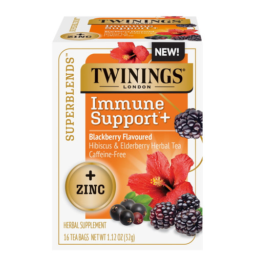 Twinings Superblends Immune Support+ Zinc Blackberry Flavoured Hibiscus & Elderberry Herbal Caffeine-free, 16 Tea Bags