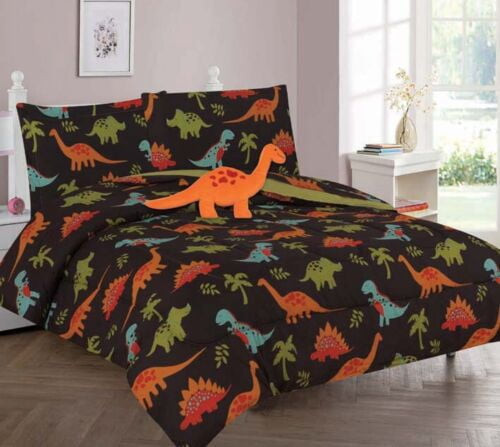 6pc Comforter For Kids Bedroom Girl Boy , Twin Size Dinosaur Brown Reversible Flufly Warm Soft Includes 1 Comforter, 1 Sham,1 Flat Sheet , 1 Fitted Sheet, 1 Pillowcase, 1 Decorative Pillow