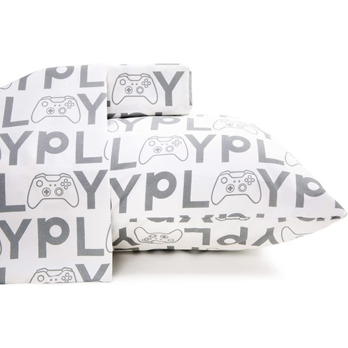 Twin Size Bed Sheet Sets With Deep Pockets In Game Play Gray Print On Light Gray - 3 Pieces Bedding Set For Kids And Newborns - 1500 Tc Microfiber, Ultra Soft, Wrinkle Resistant And Breathable