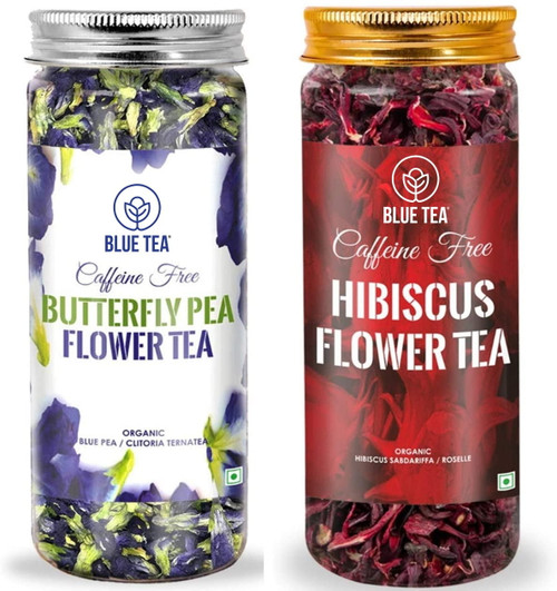 Blue Tea, Combo Pack, Blue Tea Butterfly Pea Flower Tea (0.88 Oz) And Hibiscus Flower Tea (1.76 Oz) Ll Farm Packed Ll Caffeine Free Herbal Tea - Non Toxic - Gmo Free | Recyclable Food Grade Pet Jar |