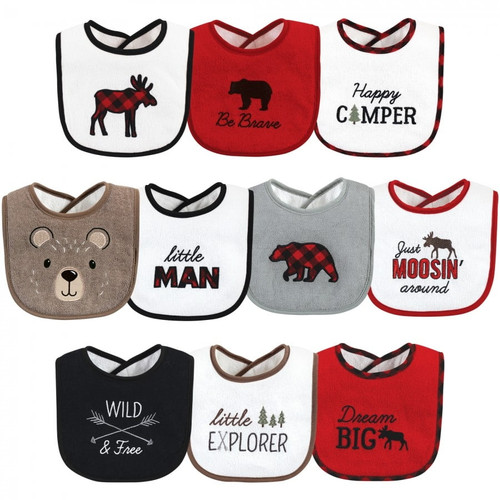 Hudson Baby Infant Boy Cotton Terry Drooler Bibs With Fiber Filling, Boy Moose Bear, One Size