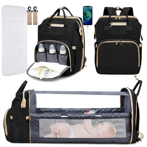 Diaper Bag Backpack With Changing Station, Kabaqoo Large Baby Diaper Bags For Boys Girls, Portable Bassinets With Usb Charging Port, Multifunction Waterproof Travel Back Pack For Moms Dads, Black