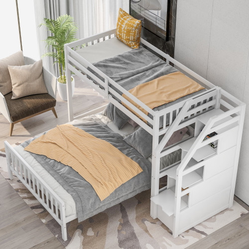 Twin Over Full Bunk Beds, Syngar Wood Bunk Beds With 3 Storage, Stairway And Safety Guardrail, Twin Loft Bed And Full Bed Set, Space Saving Bed Frame For Kids Teens, No Box Spring Needed, White, D3496
