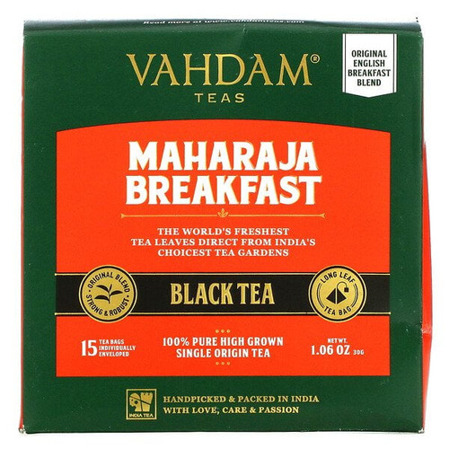 Vahdam Teas, Maharaja Breakfast Black Tea, 15 Tea Bags, 1.06 Oz