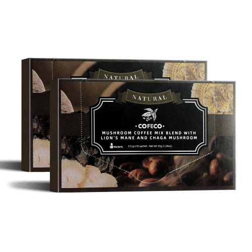 Cofeco Mushroom Coffee Premium Instant Coffee Mix With Lion's Mane And Chaga, 20 Sachet Pack Natural Organic Instant Mushroom Coffee, Focus & Immune Support