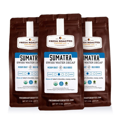 3 Pack Fresh Roasted Coffee, Organic Sumatra Swiss Water Decaf Coffee, Medium Roast, Ground, 12 Oz