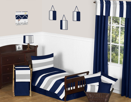 Navy Blue And Gray Stripe Toddler Bedding - 5pc Set By Sweet Jojo Designs
