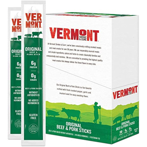 Vermont Smoke & Cure Meat Sticks - Beef & Pork Sticks - Gluten-free - Great Keto Snack - High In Protein & Low Sugar - Original Flavor -1oz Jerky Stick - 24 Count