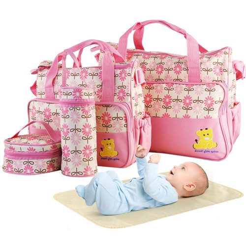 Imountek 5pcsmummy Diaper Tote Baby Bags Set Dad Diaper Shoulder Bags With Nappy Changing Pad  Pockets Travel Tote Bags  Pink
