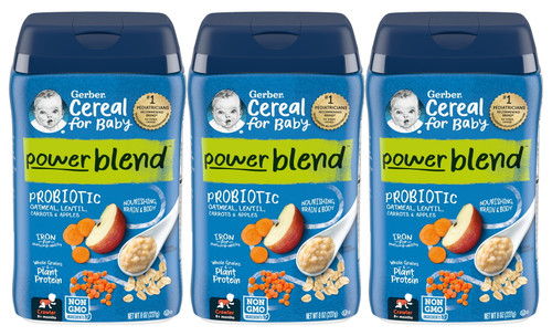 (3-pack) Gerber Probiotic Oatmeal, Lentil, Carrots & Apples Power Blend Baby Cereal, 8 Oz
