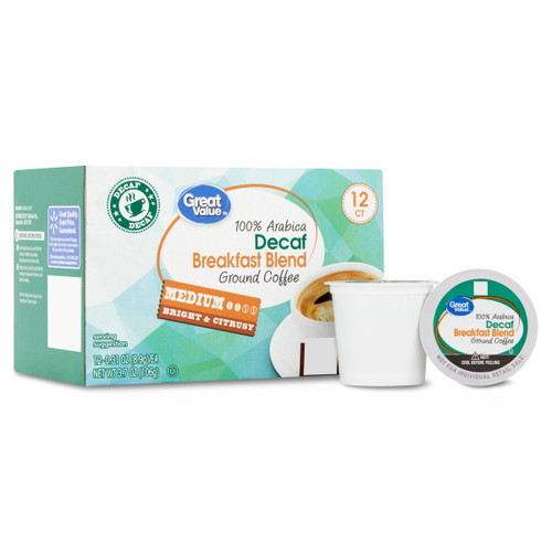 Great Value Decaf 100% Arabica Breakfast Blend Medium Roast Ground Coffee Pods, 12 Ct