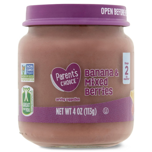 Parent's Choice Baby Food, Banana & Mixed Berries, 4oz Glass Jar