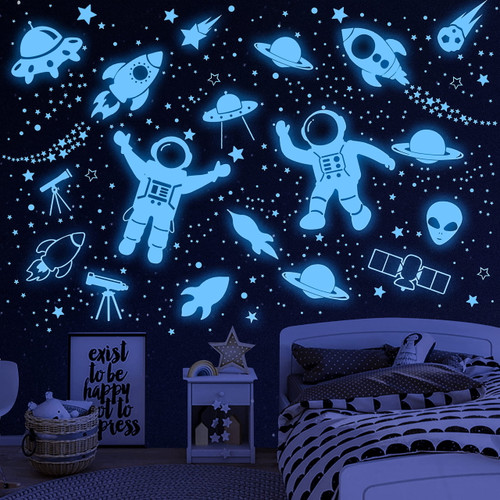 Glow In The Dark Stars And Planet Wall Stickers, Galaxy Astronaut Rocket Spacecraft Alien Wall Decals - Blue