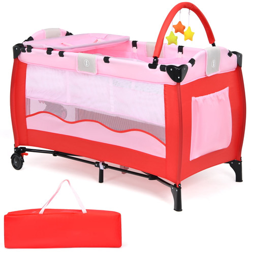 Topbuy Baby Crib Infant Bassinet Bed Folding With Carry Bag Pink
