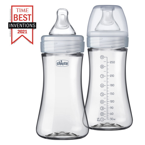 Chicco Duo 9oz. Hybrid Baby Bottle With Invinci-glass Inside/plastic Outside 2-pack In Clear/grey