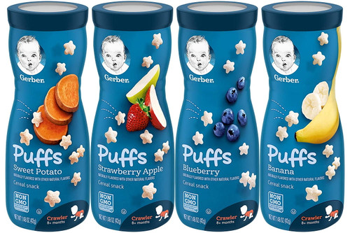 Gerber Puffs Variety Pack, 1 Strawberry Apple, 1 Banana, 1 Sweet Potato, 1 Blueberry, 4 Ct