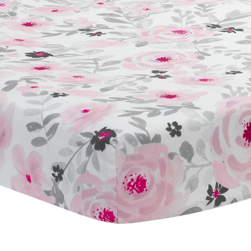 Bedtime Originals Blossom Gray And Pink And White And Multi-color Floral Microfiber Fitted Sheet Crib Bed