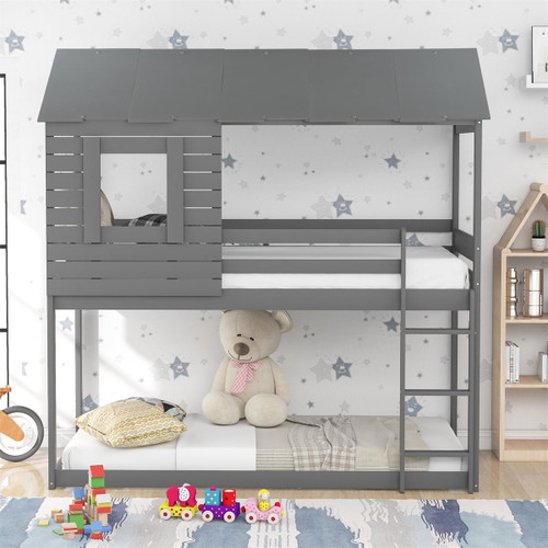 Twin Over Twin House Bunk Bed, Loft Bed With Roof And Window, Wooden Bed Frame With Upper Bed Safety Guardrails And 3 Step Ladder For Teens, Boys And Girls, No Box Spring Required, Gray