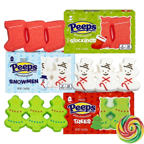 Christmas 2022 Peeps Marshmallow Candy Assortment, Snowmen, Trees And Stockings, Holiday Themed Candies For Cupcake Toppers And Gifts, Pack Of 3